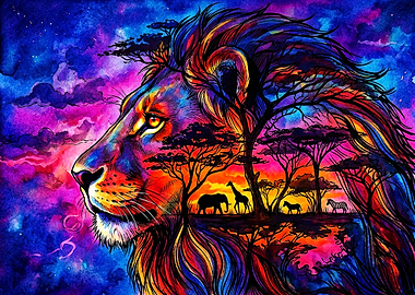 Vibrant Double Exposure Lion Portrait