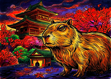 Capybara at Japanese Temple Art