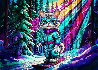 Cute Cat Snowboarding in Neon Forest