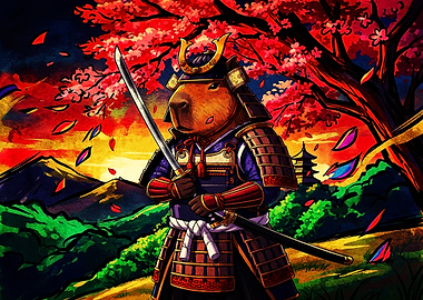 Capybara Samurai Warrior Under Cherry Blossoms