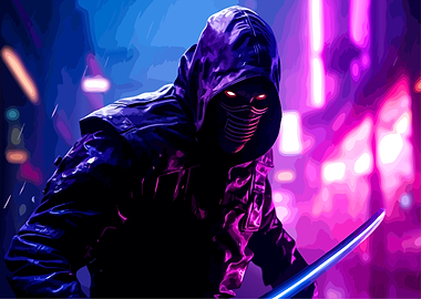 Cyberpunk Hooded Warrior with Glowing Eyes