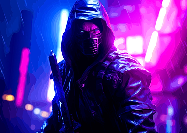 Cyberpunk Ninja in Neon Rain