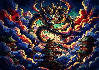 Majestic Dragon Over Ancient Temple City
