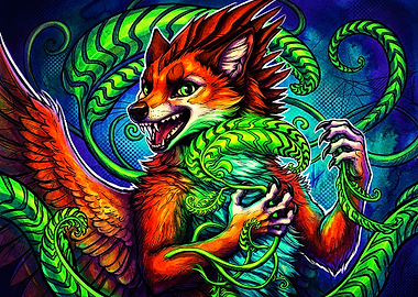 Vibrant Winged Fox Fantasy Illustration