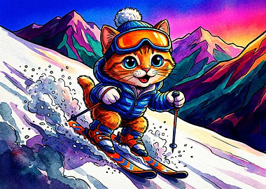 Cute Cat Skiing in Mountains
