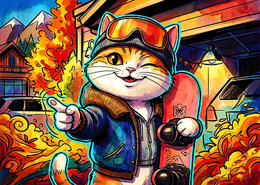 Cool Cat Snowboarder Cartoon Illustration