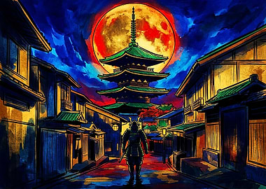 Samurai Walking Toward Pagoda Under Moon