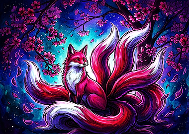 Nine-Tailed Fox Under Cherry Blossoms