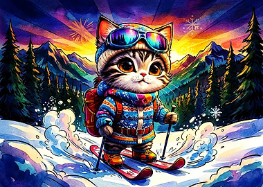 Cute Kitten Skiing in Mountains