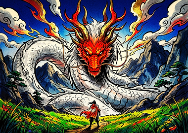 Warrior Facing a Majestic Dragon