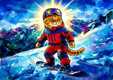 Cool Cat Snowboarding in Mountains