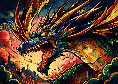 Fierce Dragon Over Cityscape Illustration