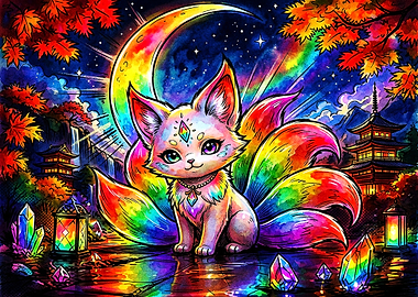 Rainbow Nine-Tailed Fox Fantasy Illustration
