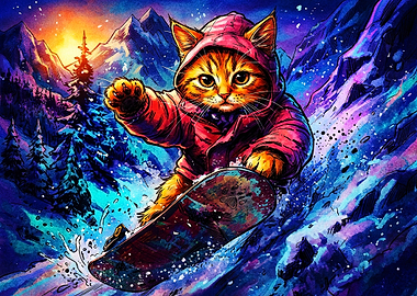 Cute Cat Snowboarding in Mountains