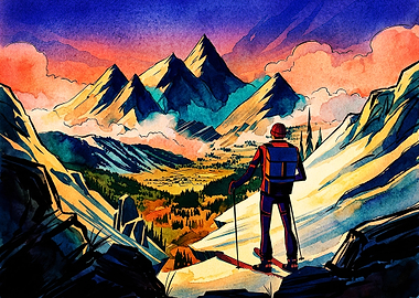 Skier overlooking a mountain valley
