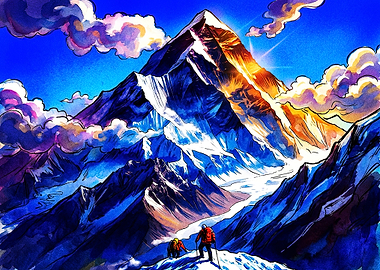 Mountaineers Climbing Snowy Peak at Sunrise