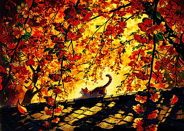 Cat on Roof Under Cherry Blossoms
