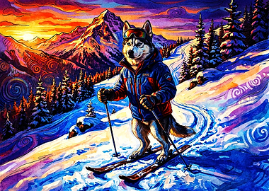 Skiing Husky in Vibrant Mountain Landscape