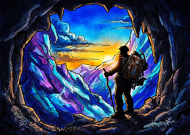 Adventurer Looking Out From Cave