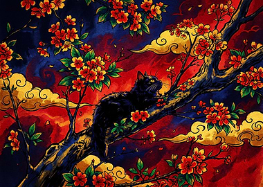 Black Cat in Cherry Blossom Tree