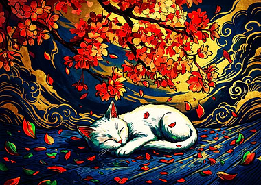 Sleeping White Cat Under Cherry Blossoms