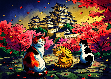 Three Cats Before Japanese Castle