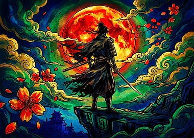 Samurai Standing Before Red Moon