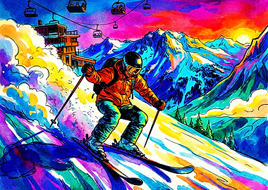 Vibrant Psychedelic Skiing Mountain Scene