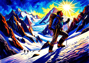 Mountain Climber Ascending Snowy Peak
