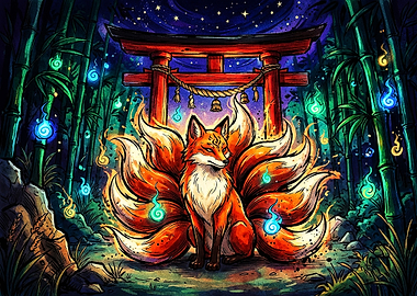 Nine-Tailed Kitsune in Bamboo Forest