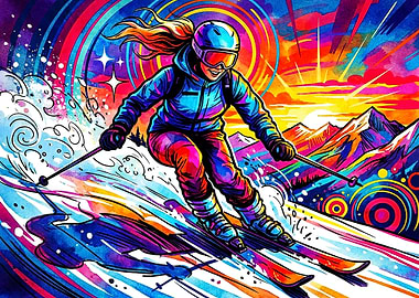Vibrant Psychedelic Skiing Action Art