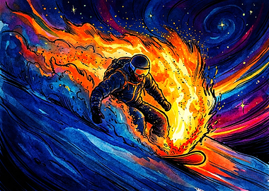 Snowboarder Carving Through Cosmic Fire