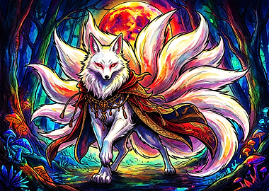 Nine-Tailed Kitsune in Enchanted Forest