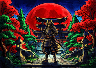 Samurai Standing Before Red Moon