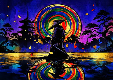 Samurai Silhouette with Psychedelic Sun