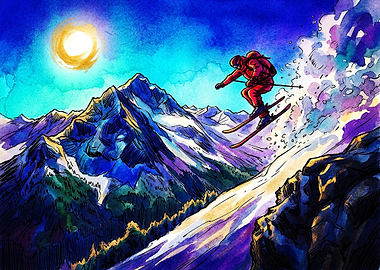 Skier Jumping Over Snowy Mountain Peak