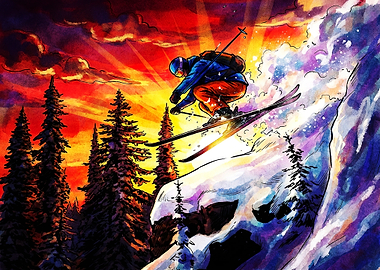 Skier Jumping at Sunset