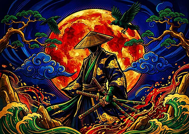 Samurai Warrior Under Blood Moon