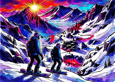 Snowboarders Overlooking Vibrant Mountain Sunset