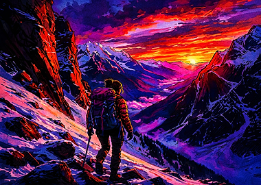 Hiker Exploring Vibrant Mountain Sunset