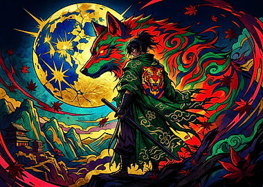 Samurai Warrior with Spirit Wolf