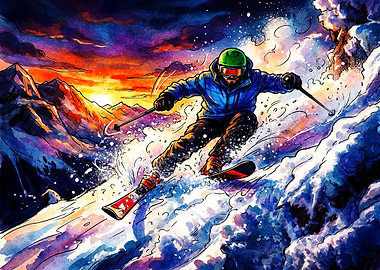 Dynamic Watercolor Skier on Mountain Slope