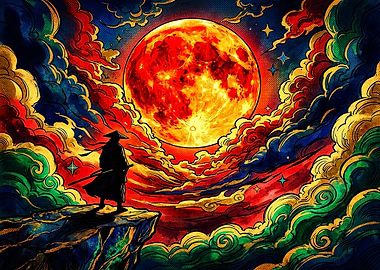 Samurai Under a Vibrant Blood Moon