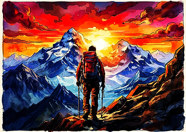 Hiker Facing Majestic Mountain Sunset