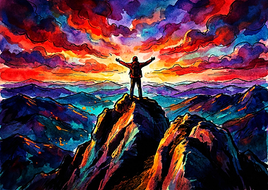 Hiker Standing Atop Mountain Peak