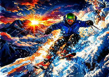 Dynamic Watercolor Skier at Sunset
