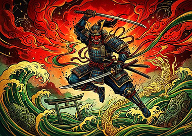 Dynamic Samurai Warrior with Dragon