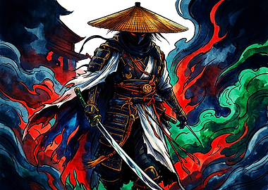 Watercolor Samurai Warrior with Katana