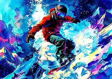Vibrant Watercolor Snowboarder Action Art