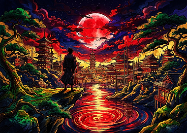 Samurai Overlooking Red Moon Village